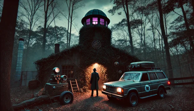 "A hidden research facility in the woods, covered in vines, with an old SUV outside. A mysterious figure in a fedora stands at the entrance as eerie purple light glows from within."