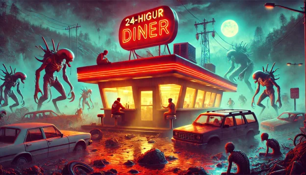 "A retro diner glowing with neon lights in a distorted landscape. Monstrous creatures roam outside, tossing cars, while two adventurers inside enjoy their meal, unfazed by the chaos."