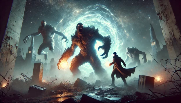 "A man with a glowing weapon and a transforming humanoid face monstrous creatures emerging from an unstable portal under a starry sky, as energy pulses illuminate the battlefield."