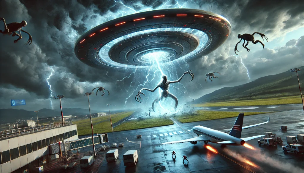 "A futuristic flying saucer crashes onto an airport runway as energy pulses from a distant portal. Two figures, one transforming into a monster, prepare for impact amid stormy skies and emerging creatures."