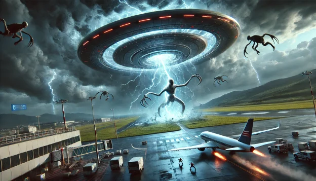 "A futuristic flying saucer crashes onto an airport runway as energy pulses from a distant portal. Two figures, one transforming into a monster, prepare for impact amid stormy skies and emerging creatures."