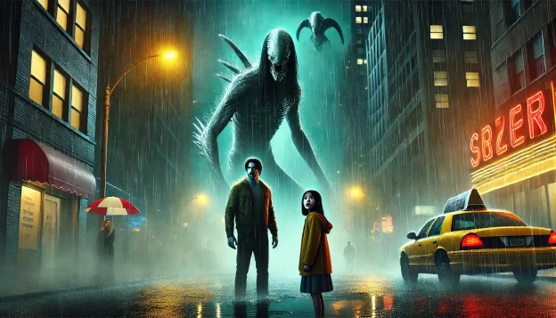 "A towering humanoid creature stands in a rain-soaked street, facing a fearless young girl, while an enormous alien entity looms overhead, distorting reality around them."
