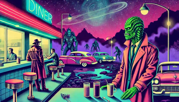 "A neon-lit diner on the edge of a warped landscape, where reality shifts between city streets and alien terrain. Inside, a monstrous humanoid and a detective talk, while strange creatures prowl outside in swirling purple mist."