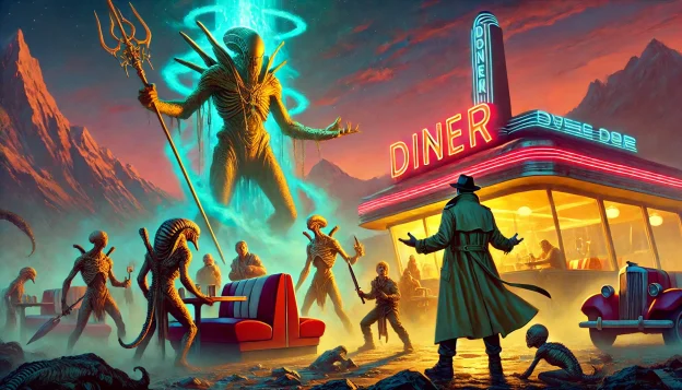 "A retro diner glows under neon lights as a towering alien leader in robes addresses an army of creatures. A group of adventurers stand ready for battle as dawn breaks through the swirling mist."