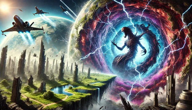 "A massive, glowing portal divides two worlds—one alien, one Earthly—as a colossal creature remains trapped between dimensions, with military ships circling overhead in preparation for battle."