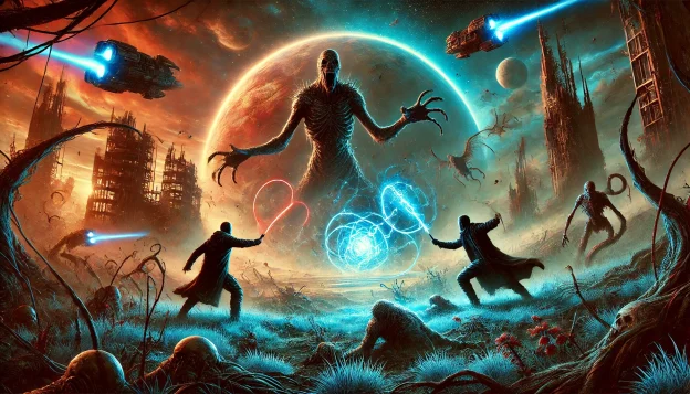 "A battlefield where Earth and an alien world merge. Two warriors wield glowing whips against a monstrous warlord, while a spaceship hovers above and a collapsing portal pulses with energy."