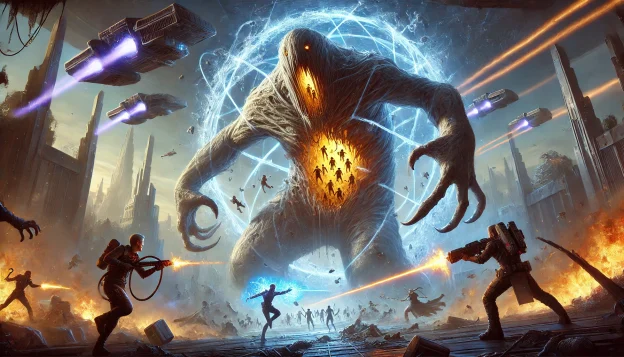 "A colossal monster with glowing, translucent skin rampages through a city as battleships fire down. Two adventurers with energy whips prepare to strike while an unstable portal crackles behind them."