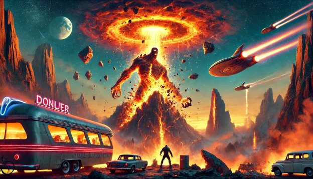 "A colossal explosion consumes a monstrous entity atop Stone Mountain. A futuristic diner-airship hovers nearby, while a flying car speeds away. Figures stand silhouetted against the fiery sky as the portal fades."