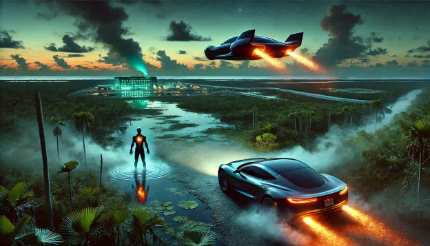 "A futuristic flying car glides over the Everglades at twilight as a steaming figure emerges from the swamp. In the distance, a hidden facility glows with eerie green light."
