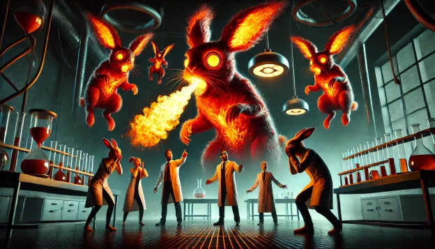 Mutant red-furred rabbits with glowing eyes in a futuristic lab. One rabbit breathes fire, while others leap. Scientists in lab coats stand shocked in the background as a mysterious light bathes the room.