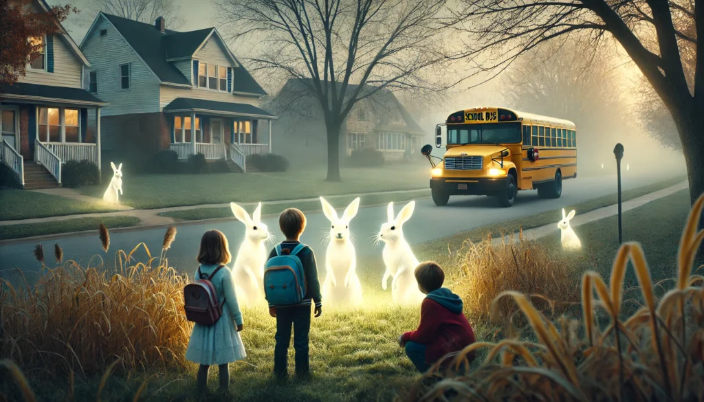 Glowing white rabbits sprint through a suburban neighborhood while children on a passing school bus watch in amazement. The scene captures a mix of wonder and mystery as the rabbits race toward an unknown destination.