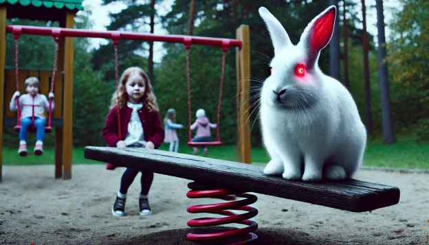 A white rabbit perches eerily on a playground seesaw as its fur turns deep red and its eyes glow with fire. A young girl watches in awe while other children remain unaware of the transformation.
