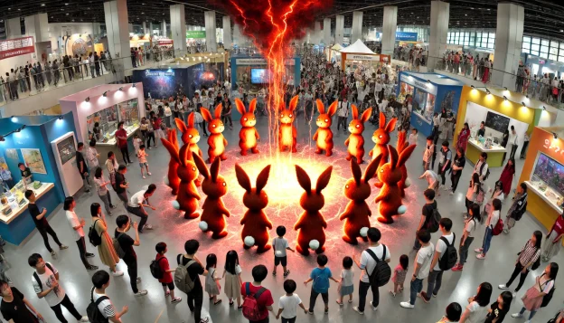 A group of fire-breathing rabbits gathers in a science expo, their glowing eyes and fiery breath setting booths ablaze. People flee in panic while a young boy and his father stand in stunned amazement.