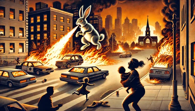 Fire-breathing rabbits leap through a city, setting buildings and cars ablaze. A mother shields her daughter as a rabbit breathes fire from atop a burning vehicle, while government agents observe the destruction.