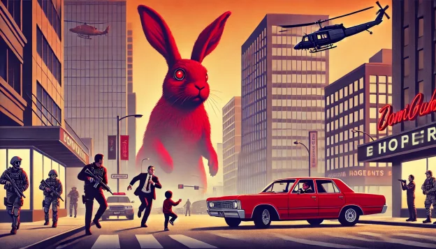 A towering fire-breathing rabbit rampages through a city, crushing cars and shooting flames. A speeding car with a father and son tries to lure it away while helicopters and agents mobilize in the background.