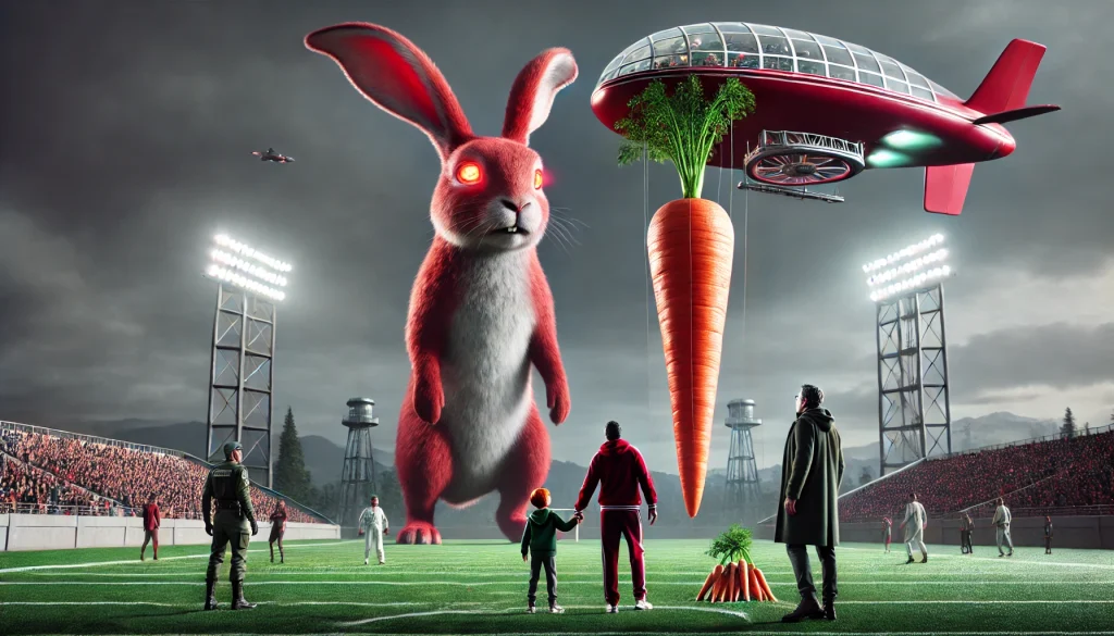 A giant fire-breathing rabbit stands on a football field, facing a massive carrot dangling from a futuristic aircraft. A father and son watch as the rabbit shrinks back to normal size, while government agents approach.