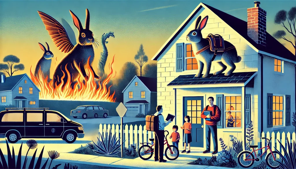 A family stands in front of their rebuilt home with fire-breathing rabbits. Two children saddle up giant rabbits for a new adventure while a government agent inspects mysterious glowing feathers near a black van.