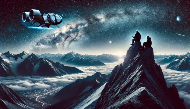 Two climbers sit atop a mountain peak under a brilliant starry sky, gazing at the world below. A futuristic air car hovers nearby, symbolizing adventure, progress, and the evolving concept of longevity in a technologically advanced future.