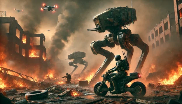 A dystopian battlefield with a towering military walker amid burning ruins. A lone survivor on a hoverbike grips a rifle, preparing for battle. Drones hover above, scanning the wreckage, while distant rebels take position for a counterattack.
