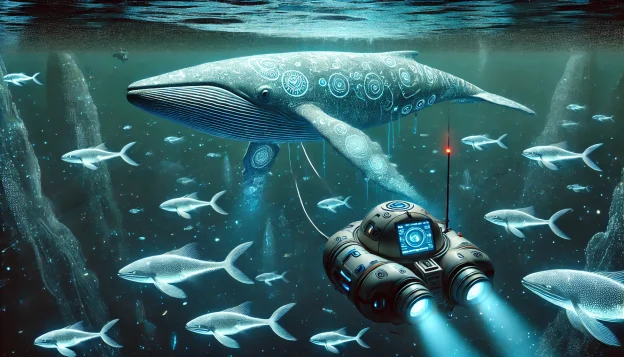 A futuristic deep-sea exploration pod floats in Titan’s dark ocean, surrounded by glowing alien life. A massive, luminous whale-like creature drifts nearby, its bioluminescence lighting up the depths, while schools of silver fish swirl in the background.