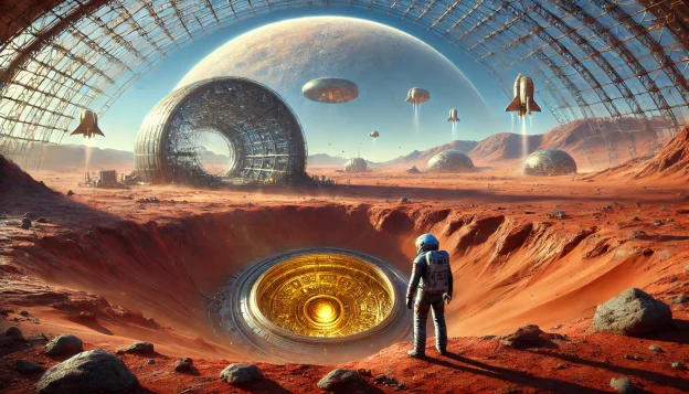 A futuristic Martian colony under a massive glass dome, with a lone astronaut standing at the edge of an excavation site. A golden, alien hatch is partially unearthed in the red desert rock, hinting at a mysterious discovery beneath the surface.