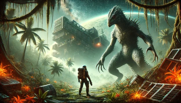 A lone astronaut stands on an alien planet with dense vegetation, facing a massive reptilian creature. Behind him, the remains of a crashed spaceship smolder, hinting at an uncertain fate on this mysterious world.