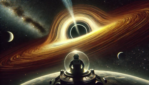 A small spacecraft drifts toward a massive black hole, its gravitational pull distorting light. A dying star collapses nearby, sending spirals of golden energy into the abyss. The lone astronaut inside watches as the unknown awaits.