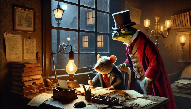 In a dimly lit Victorian-style study, a dapper rat in a waistcoat and a monocled frog in a robe lean over a desk covered in scattered notes. A concerned mouse baker in a red cloak looks on. Outside the window, gas lamps cast eerie shadows over the cobblestone streets.