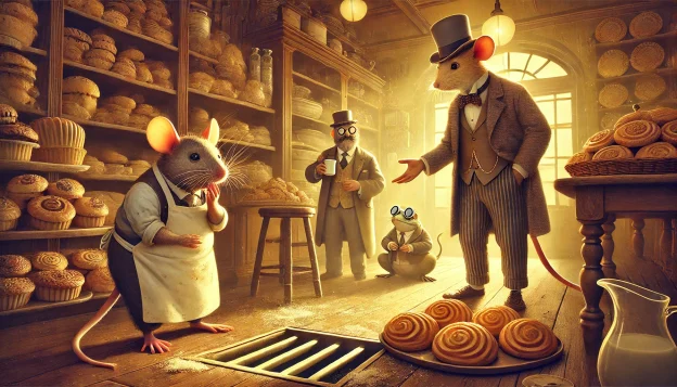 Inside a cozy Victorian bakery, warm light reflects off golden pastries. A worried mouse baker in a flour-dusted apron gestures toward a large floor drain. A dapper rat in a waistcoat kneels to inspect it, while a monocled frog detective sips coffee, observing the scene with an amused expression.