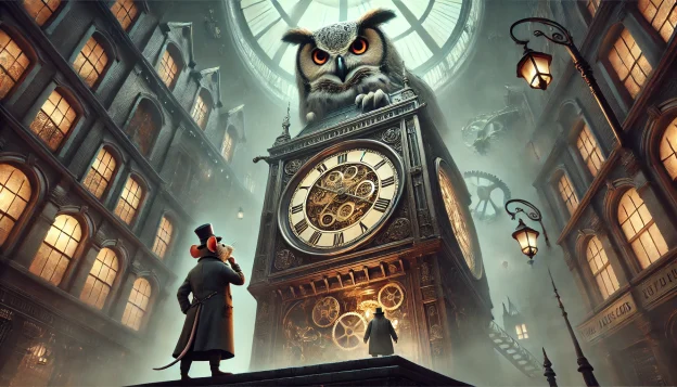 A towering clock tower looms over a foggy Victorian cityscape. At the top, a massive eagle owl perches within the clock’s inner workings, its piercing eyes glowing in the dim light. Below, a rat detective in a waistcoat and a monocled frog stand in awe, bracing for what’s to come.