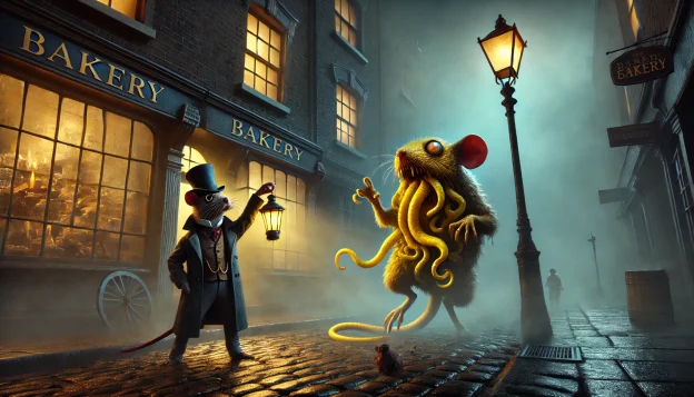 A fog-drenched Victorian street at dusk. A well-dressed rat detective and a monocled frog with a top hat stand frozen as a possessed rat, its face covered by a writhing, yellow tentacled creature, stumbles through the lamplight. The eerie glow from a bakery window hints at more lurking horrors.