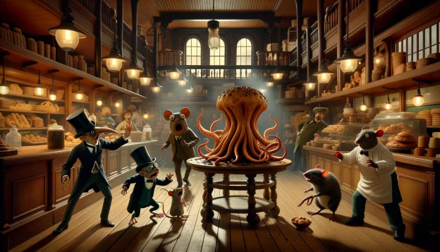 Inside a bustling Victorian bakery, a tentacled pastry bursts to life on a table, sending customers into a frenzy. A monocled frog in a top hat and a rat detective stand ready, while a shocked mouse baker recoils behind the counter. The glow of gas lamps casts dramatic shadows.