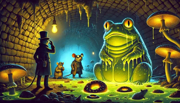 A dimly lit underground tunnel glows with eerie bioluminescent slime. A rat detective and a mouse baker stand in shock, staring at a monocled frog in a top hat, who sits covered head to toe in donuts. Strange yellow tentacles slither into the shadows as an unsettling silence fills the cavern.
