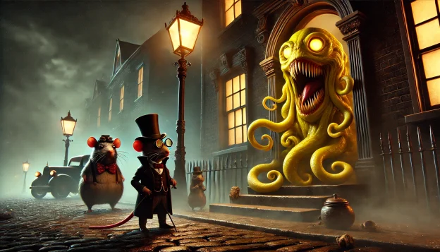 A foggy Victorian street at night. A rat detective and a monocled frog in a top hat stand frozen on a doorstep as an eerie figure looms in the doorway—Mrs. Constellation, her body wrapped in writhing yellow tentacles. Her eyes glow, and a sinister beak-like maw emerges from her mouth.