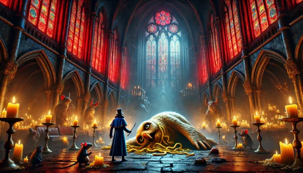 Inside a grand, dimly lit cathedral, towering stained-glass windows cast eerie red and blue light over the stone floor. A massive owl, Arthur, lies weakened, partially consumed by writhing yellow tentacles. A rat detective and a monocled frog in a top hat stand over him, preparing to purge the parasite.
