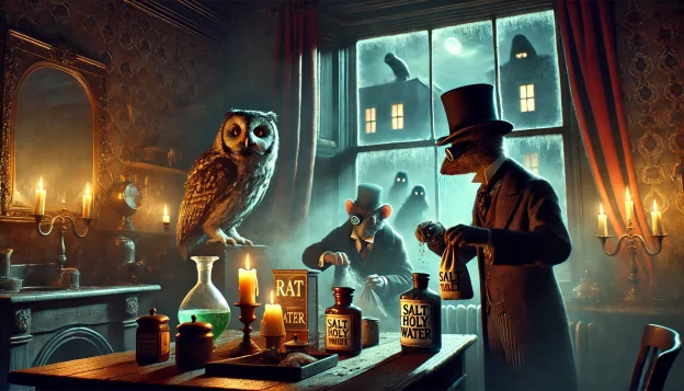 A Victorian apartment interior, dimly lit by candlelight. A rat detective and a monocled frog in a top hat prepare bags of salt and holy water. A massive owl perches on the windowsill, its feathers ruffled. Outside, through the fogged window, shadowy figures with glowing eyes lurk in the streets.