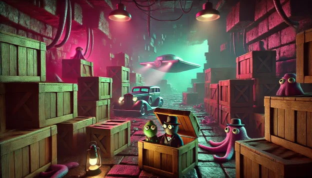 A cavernous underground chamber, dimly lit by eerie green and pink lights. Stacks of wooden crates are piled high, with strange tentacled creatures shifting them. In the distance, a sleek white alien ship looms. Two crates crack open slightly—inside, a rat detective and a monocled frog in a top hat peek out.