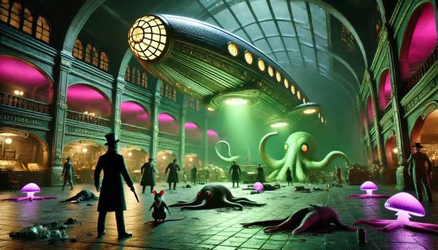 A grand underground chamber illuminated by eerie green and pink lights. A massive, sleek alien ship hovers, its doors closing as tentacled creatures retreat inside. In the foreground, a rat detective and a monocled frog in a top hat stand victorious, while dazed townsfolk recover from their possession, illuminated by the ship’s glow.