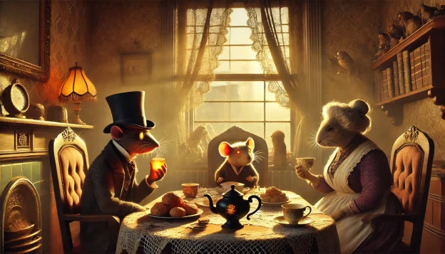 A cozy Victorian sitting room, morning light streaming through lace curtains. A rat detective and a monocled frog in a top hat sit with a mouse baker and an elderly housekeeper, sharing tea and pastries. On the table, an unopened black envelope with glowing gold script rests ominously beside the teapot.