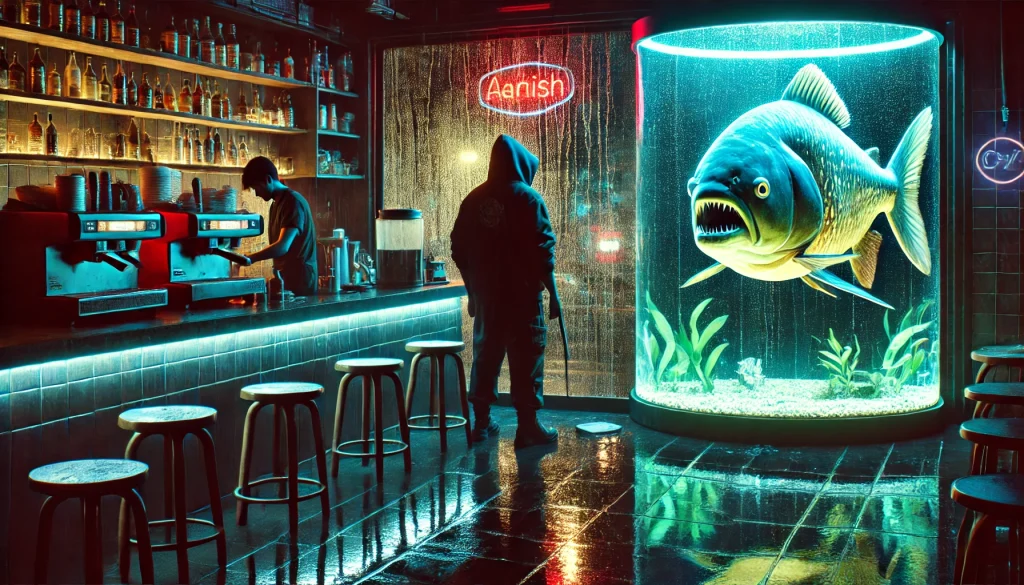 A dimly lit café at night, rain streaking the windows. A large fish tank glows in the corner, revealing a menacing piranha baring razor-sharp teeth. Nearby, a barista cleans the counter, while a shadowy figure in a hoodie lingers by the tank, seemingly speaking to the fish.