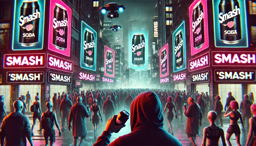 A dystopian cityscape filled with glowing billboards advertising "Smash" soda. People in a crowded street shuffle like zombies, clutching black cans. In the foreground, a man in a hooded jacket grips a hidden water bottle, glancing nervously around. A looming surveillance drone hovers overhead, scanning the crowd for dissenters.