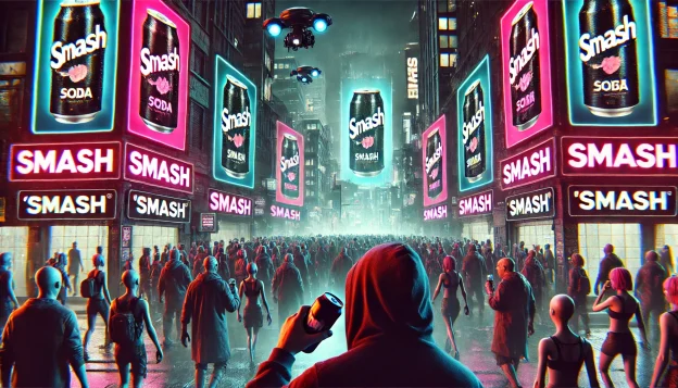 A dystopian cityscape filled with glowing billboards advertising "Smash" soda. People in a crowded street shuffle like zombies, clutching black cans. In the foreground, a man in a hooded jacket grips a hidden water bottle, glancing nervously around. A looming surveillance drone hovers overhead, scanning the crowd for dissenters.