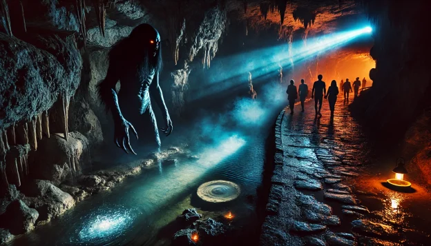 A dimly lit underground cave system, illuminated by eerie blue and orange lights. A group of tourists walks along a narrow path beside glowing pools, unaware of a towering shadowy figure lurking just beyond the light, its long claws scraping against the stone. Water drips as unseen eyes watch.