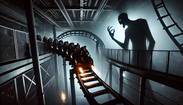 A high-speed roller coaster twists through a dark indoor amusement park ride, illuminated by eerie black lights. On an overhead maintenance bridge, a shadowy figure watches unnoticed. Below, riders scream, oblivious to the lurking presence. Sparks from the tracks light up the darkness, adding to the unsettling atmosphere.