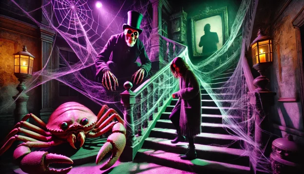 A dimly lit haunted house attraction, with eerie purple and green lighting. A skeletal figure in a top hat looms over a web-covered grand staircase. Nearby, a woman steps on a cracked crab-like shell, her face frozen in discomfort. A shadowy shopkeeper watches her from the darkness, eyes glowing.