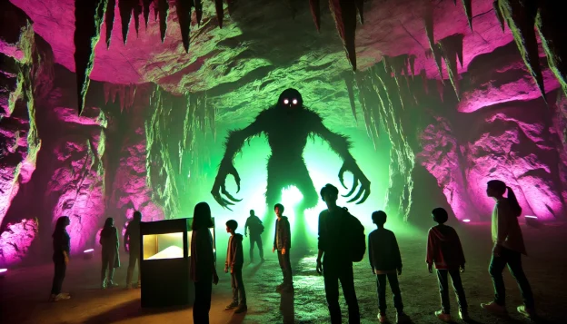 A vast underground cavern illuminated by eerie green and magenta lights. A group of children and adults stand frozen in shock as a monstrous shadowy creature, with elongated limbs and glowing eyes, drops from the ceiling. The jagged rocks and misty air create an ominous atmosphere of suspense and terror.