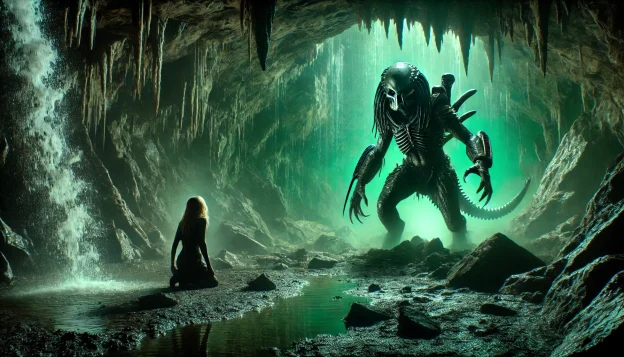 A massive underground cave with eerie green lighting. A monstrous, crab-like humanoid with sharp claws and a partially human face smashes through a fiberglass rock formation. In the foreground, a soaked woman stares in horror, trapped against a stone wall as the beast looms over her. Water drips from above.