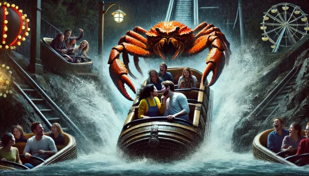 A thrilling amusement park log flume ride plunges down a steep drop. In the back row, a woman passionately kisses a towering crab-like humanoid with massive claws, as water splashes around them. Other passengers look on in shock, while the ride’s dim lighting casts eerie reflections off the water.