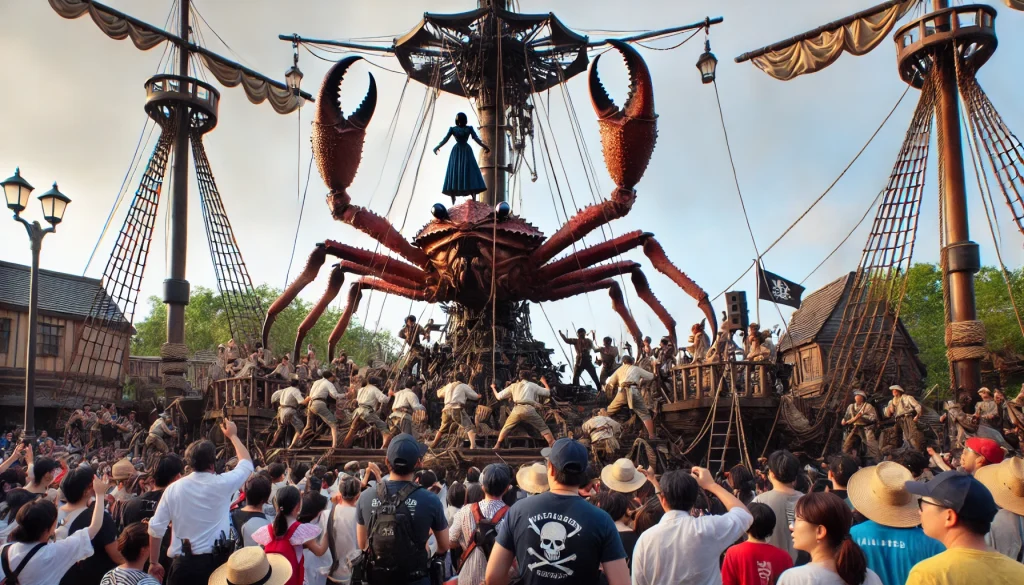 A bustling amusement park with a pirate stage show in progress. A towering crab-like humanoid and a woman stand atop the mast, silhouetted against the sky. Below, cheering park guests and startled actors watch as they prepare to swing away. Authorities push through the crowd, desperate to capture them.