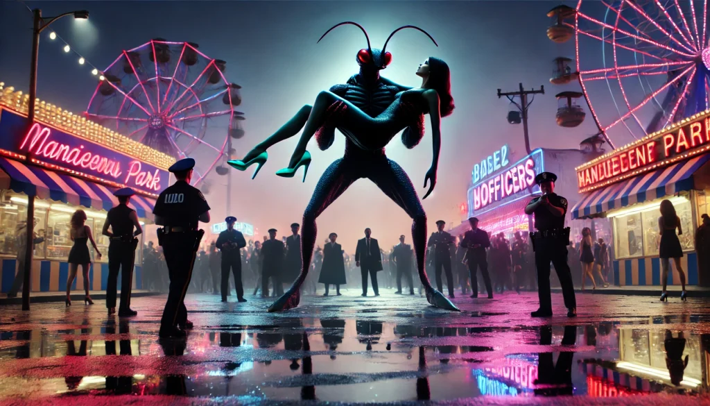 An amusement park at dusk, neon lights reflecting off wet pavement. A towering crab-like humanoid carries a woman in a sleek black dress and turquoise heels. They leap from a rooftop, silhouetted against the twilight sky, while below, stunned officers and cheering spectators watch in awe.